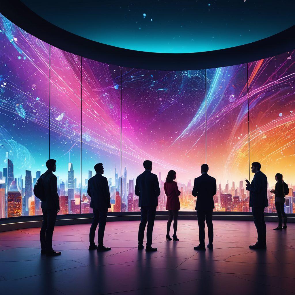 A vibrant mosaic of diverse individuals from the Yisk community gathered around a digital screen displaying trending insights and analytics. The background showcases abstract representations of technology and innovation, symbolizing the latest trends. Bright colors illuminate their expressions of curiosity and engagement, with a futuristic cityscape subtly hinted at the horizon. The scene encapsulates a sense of collaboration and discovery. super-realistic. vibrant colors. 3D.
