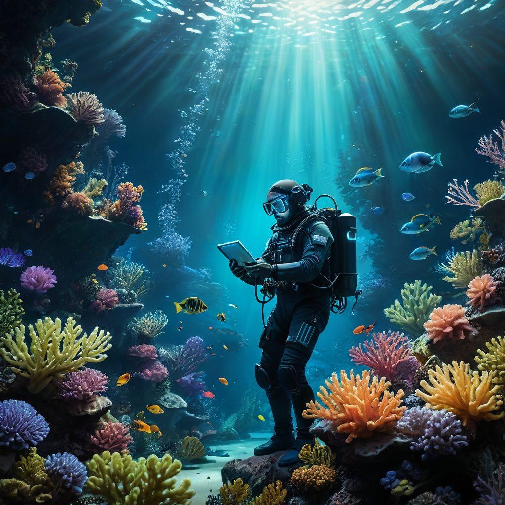 A tranquil, deep-sea scene showcasing a marine researcher with a diving suit examining vibrant corals and curious fish while holding a glowing tablet displaying Yisk discussions. Bubbles float around and intricate sea plants sway gently in the water, creating a sense of exploration and discovery. Light beams filter down from the surface, illuminating the scene. vibrant colors. super-realistic.