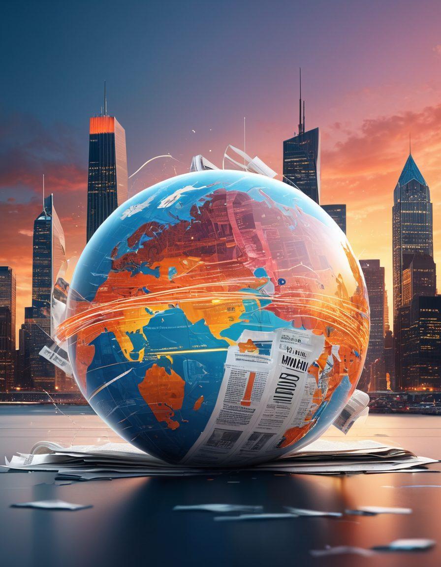 An abstract representation of news unfolding, featuring floating digital headlines and vibrant news icons like a globe, megaphone, and newspaper, all interconnected by glowing lines. The background should evoke a sense of urgency and importance, with a city skyline subtly integrated. Include a blend of cool and warm colors for contrast. super-realistic. vibrant colors. 3D.